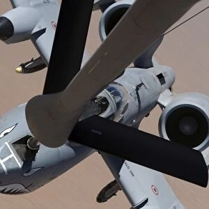 An A-10 Thunderbolt II receives fuel from a KC-135 Stratotanker