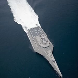 Aerial view of the littoral combat ship Independence underway during builders trials