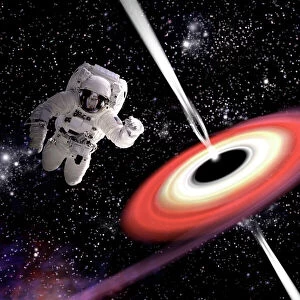 Artists concept of an astronaut falling towards a black hole in outer space