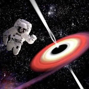 Artists concept of an astronaut falling towards a black hole in outer space