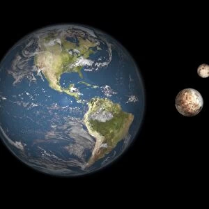 Artists concept of the Earth, Pluto, Charon, and Earths moon to scale