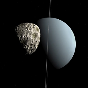 Artists concept of how Uranus and its tiny moon Puck