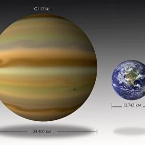 Artists depiction of the size relationship between Earth and Gliese 1214b