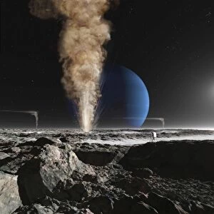 An astronaut observes the eruption of one of Tritons giant cryogeysers