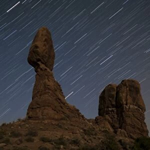 Balanced Rock against a backdrop of star trails, Arches National Park, Utah