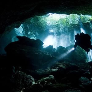 Cenote diver enters Taj mahal cavern on Yucatan peninsula in Mexico