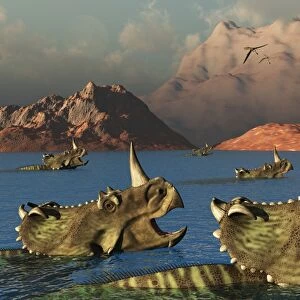 Centrosaurus dinosaurs migrating across a river
