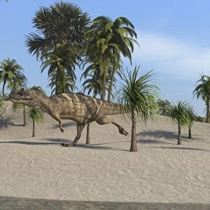 Ceratosaurus running across a tropical landscape