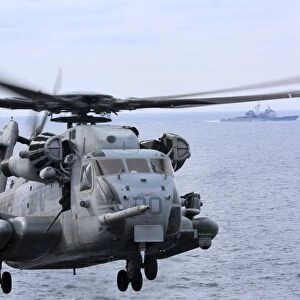 A CH-53E Super Stallion conducts flight operations