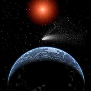 A comet passing the Earth on its return journey from around the Sun