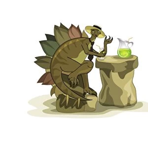 Illustration of a Stegosaurus drinking a beverage