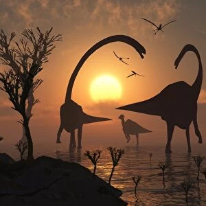 Omeisaurus and duckbill dinosaurs graze in a freshwater lake