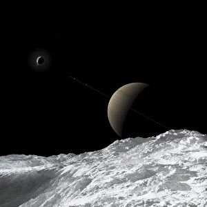 Saturn and Enceladus as seen from the moon Tethys