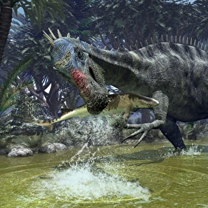 A Suchomimus snags a shark from a lush estuary
