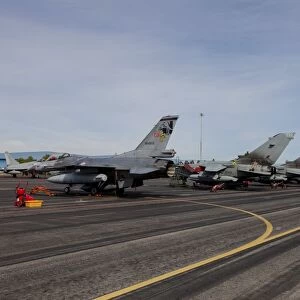 Turkish Air Force F-16 jets on the flight line at Albaacete Air Base, Spain