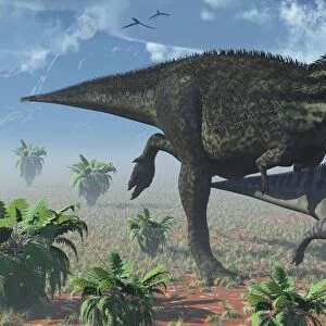 Tyrannosaurus Rex hunting a lone Parasaurolophus duckbill dinosaur