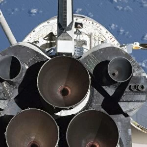 View of the three main engines of Space Shuttle Endeavours aft section