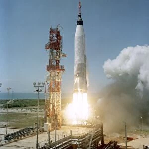 View of the Mercury-Atlas 3 liftoff from Cape Canaveral, Florida