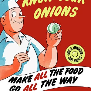 Vintage World War II poster of a chef holding an onion with a tear in his eye