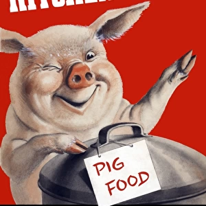 Vintage World War II poster featuring a pig standing with a garbage can