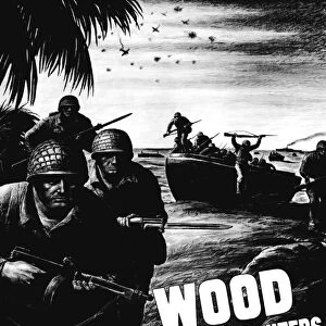 Vintage World War II poster showing combat troops assault on a beach