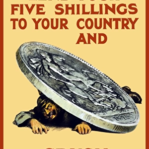 Vintage World War One poster of a giant coin crushing a German soldier