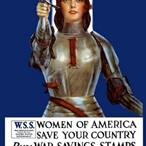 Vintage World War One poster of Joan of Arc wearing armor, raising a sword
