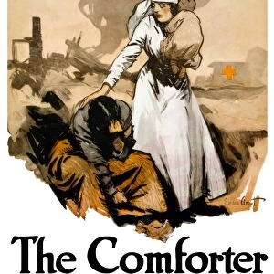 World War I poster of a Red Cross nurse comforting a family amid the ruins of a war zone