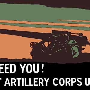World War I propaganda poster of soldiers operating an artillery cannon