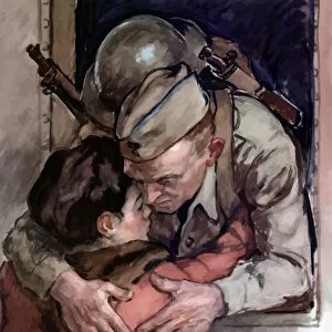 World War II poster of a soldier hugging a loved one