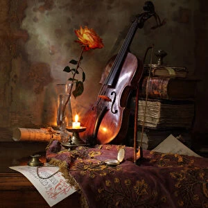 Still life with violin and rose