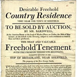 Desirable freehold country residence to be sold by auction by Mr Bardwell - freehold tenement pleasantly situated at the top of Broad Lane, near Sheffield, the property of the Rev. George Smith
