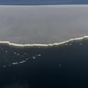 Aerial view of ice shelf in Franz Jozef Land, Arctic Russia. July 2019