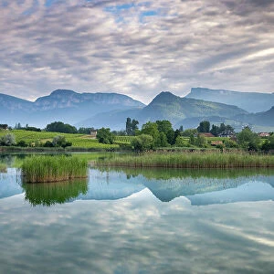 The Bauges Mountains reflected in St Andre lake at dawn, Haute-Savoie, France. June, 2022