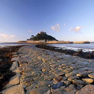 Causeway out to St Michaels Mount exposed at low tide, Cornwall, UK