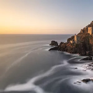 The Crowns Engine houses bathed in late evening light, Botallack, West Cornwall, UK