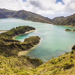Fogo Lake and hills of surrounding crater. Sao Miguel Island, Azores, Portugal. 2019
