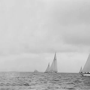 The 12 Metre sailing yacht Westra racing on upwind leg, 1936. Creator: Kirk & Sons of Cowes