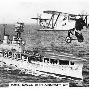 The aircraft carrier HMS Eagle and a Fairey Flycatcher aircraft, (1937)