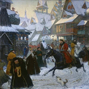 An Ancient Russian Town. The Horsemen, 1910s. Artist: Anonymous