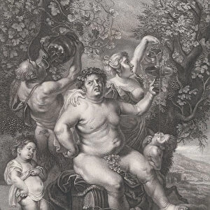 Bacchus seated on a barrel in front of grapevines, with bacchantes, satyrs