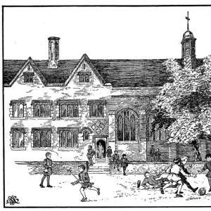 Boys in Tudor times playing football at Berkhamsted Grammar School, Hertfordshire