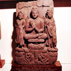 Buddha meditating with disciples, Sariputta and Moggallana, c2nd-3rd century