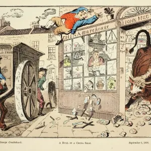 A Bull in a China Shop, 1808 Print (Hand Coloured Engraving)