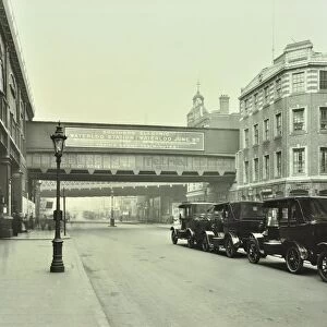 Cabs waiting outside Waterloo Station, Lambeth, London, 1930