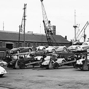Cars for export at Cardiff docks 1958. Creator: Unknown