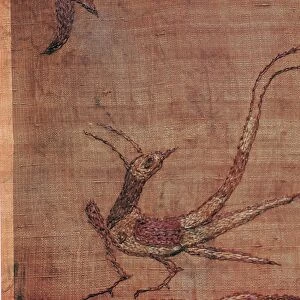Detail of a Chinese embroidered silk tussore with a phoenix from a Scythian tomb