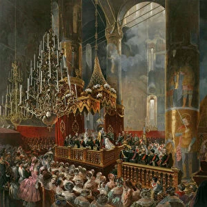 The crowning of Tsarina Maria Alexandrovna of Russia, Moscow, 1856. Artist: Mihaly Zichy