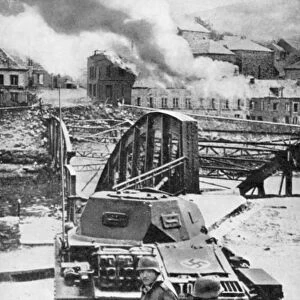 Destruction of bridge over River Meuse by Belgians to stop German advance, World War 2, 1940