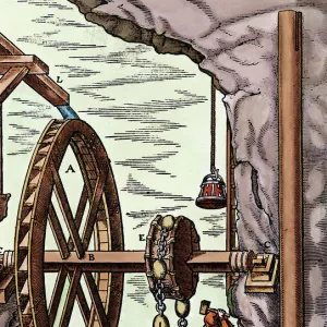 A mine being drained by a rag-and-chain pump powered by an overshot water wheel, 1556